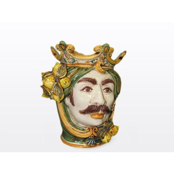 Sicilian Moorish head with lemons. It features a male character decorated in rich shades of green and orange. It is handcrafted in Caltagirone, Italy. Small