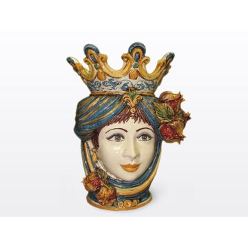 Sicilian Moorish head with pomegranates. It features a female character decorated in rich shades of blue and orange. It is handcrafted in Caltagirone, Italy. Large