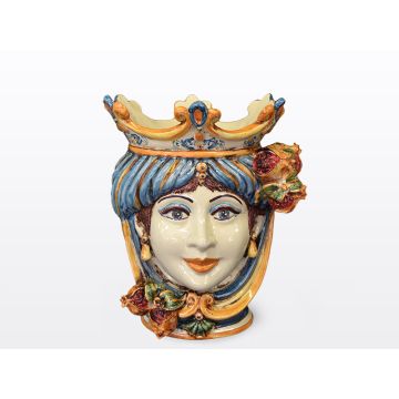Sicilian Moorish head with pomegranates. It features a female character decorated in rich shades of blue and orange. It is handcrafted in Caltagirone, Italy. Small