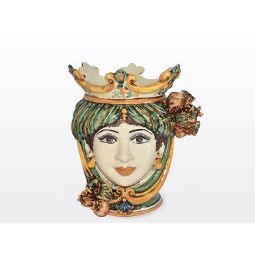 Sicilian Moorish head with pomegranates. It features a female character decorated in rich shades of green and orange. It is handcrafted in Caltagirone, Italy. Small