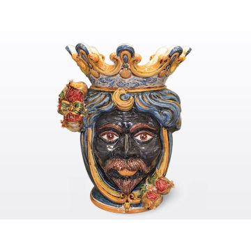 Sicilian head with pomegranates. It features a Moorish character decorated in rich shades of blue and orange. It is handcrafted in Caltagirone, Italy. Large