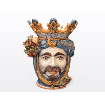 Sicilian Moorish head with pomegranates. It features a male character decorated in rich shades of blue and orange. It is handcrafted in Caltagirone, Italy. Large