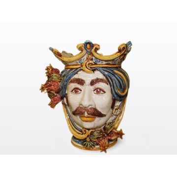 Sicilian Moorish head with pomegranates. It features a male character decorated in rich shades of blue and orange. It is handcrafted in Caltagirone, Italy. Small