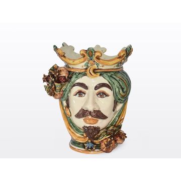 Sicilian Moorish head with pomegranates. It features a male character decorated in rich shades of green and orange. It is handcrafted in Caltagirone, Italy. Small