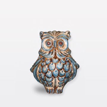 Sicilian figurine featuring an owl decorated in rich shades of blue and ivory handcrafted in Caltagirone - Italy