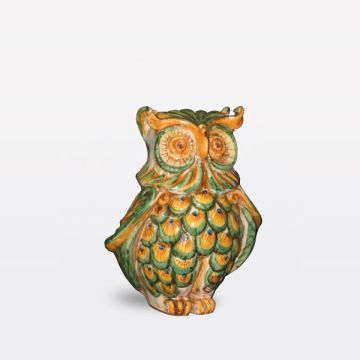 Sicilian figurine featuring an owl decorated in rich shades of green and ivory handcrafted in Caltagirone - Italy