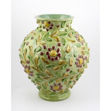 Tuscan vase with en relief flowers handcrafted by ND Dolfi in Montelupo Fiorentino, Italy