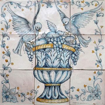 Italian tile panel Birds with Fruit hand-painted by Ghenos in Messina, Sicily