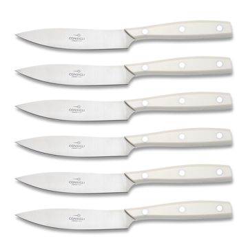 Chianino set of 6 steak knives with white resin handles handcrafted by Coltellerie Consigli in Scarperia, Italy