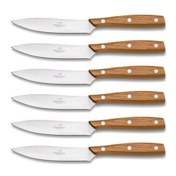 Chianino set of 6 steak knives with olive wood handles handcrafted by Coltellerie Consigli in Scarperia, Italy