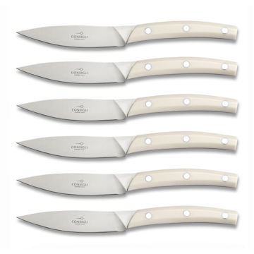 Falorni set of 6 steak knives with white resin handles handcrafted by Coltellerie Consigli in Scarperia, Italy