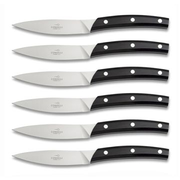 Falorni set of 6 steak knives with black resin handles handcrafted by Coltellerie Consigli in Scarperia, Italy