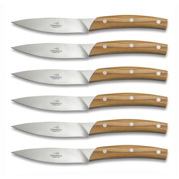 Falorni set of 6 steak knives with olive wood handles handcrafted by Coltellerie Consigli in Scarperia, Italy