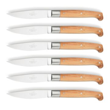 Pattada set of 6 steak knives with olive wood handles handcrafted by Coltellerie Consigli in Scarperia, Italy