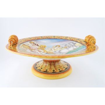 Italian footed bowl featuring a Renaissance-style portrait of Aurora and Cephalus handmade by Francesca Niccacci in Deruta