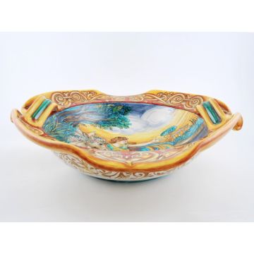 Italian centerpiece bowl featuring a Renaissance-style portrait of the Rape of Europa handmade by Francesca Niccacci in Deruta