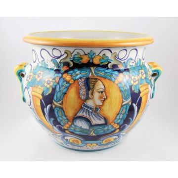 Italian planter featuring a Renaissance-style portrait of a Bella Donna handmade by Francesca Niccacci in Deruta