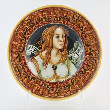 Italian wall plate featuring a Renaissance-style portrait of Venus and Mars handmade by Francesca Niccacci in Deruta