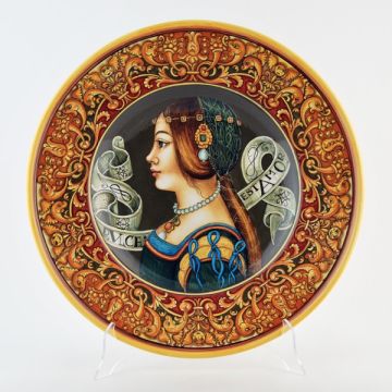 Italian wall plate featuring a Renaissance-style portrait of Barbara Pallavicino handmade by Francesca Niccacci in Deruta