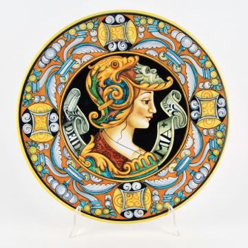 Italian wall plate featuring a Renaissance-style portrait of an Amazon handmade by Francesca Niccacci in Deruta