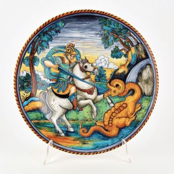 Italian wall plate featuring a Renaissance-style portrait of Saint George handmade by Francesca Niccacci in Deruta