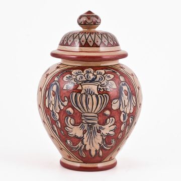 Italian red and cream jar potiche handmade by Ceramiche Magnanelli in Gubbio, Italy