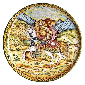 Italian wall plate featuring a scene with paladins hand-painted by Ghenos in Messina