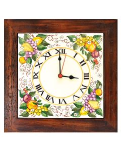 Deruta square wall clock 02 with a wooden frame from the Frutta collection, handmade by Antica Deruta - Italy