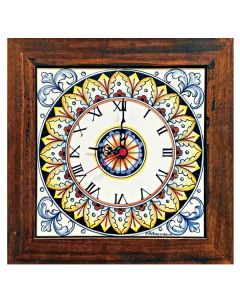 Deruta square wall clock 04 with a wooden frame from the Geometrico collection, handmade by Antica Deruta - Italy