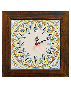 Deruta square wall clock 05 with a wooden frame from the Geometrico collection, handmade by Antica Deruta - Italy