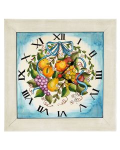 Deruta square wall clock 06 with a wooden frame from the Frutta collection, handmade by Antica Deruta - Italy