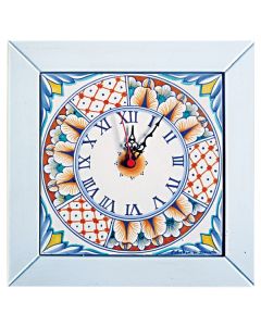 Deruta square wall clock 08 with a light blue wooden frame from the Geometrico collection, handmade by Antica Deruta - Italy