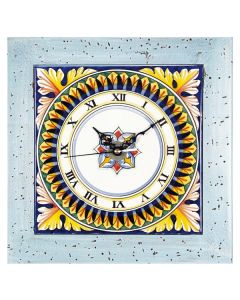 Deruta square wall clock with a light blue wooden frame from the Geometrico collection, handmade by Antica Deruta - Italy