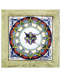 Deruta square wall clock with a light green wooden frame from the Geometrico collection, handmade by Antica Deruta - Italy