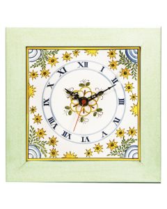 Deruta square wall clock with a light green wooden frame from the Sun collection, handmade by Antica Deruta - Italy