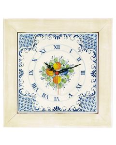 Deruta square wall clock with an off-white wooden frame from the Frutta Blu collection, handmade by Antica Deruta - Italy