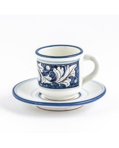 Italian espresso cup and saucer from the Rinascimento Blu e Bianco collection handmade by Ceramiche Rampini in Gubbio, Italy