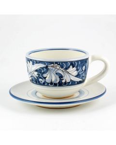 Italian tea cup and saucer from the Rinascimento Blu e Bianco collection handmade by Ceramiche Rampini in Gubbio, Italy