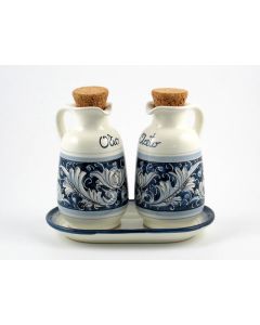 Italian oil and vinegar set with tray from the Rinascimento Blu e Bianco collection handmade by Ceramiche Rampini in Gubbio, Italy