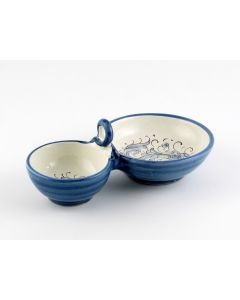 Italian double olive bowl from the Rinascimento Blu e Bianco collection handmade by Ceramiche Rampini in Gubbio, Italy