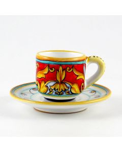 Broccato Rosso Italian espresso cup and saucer handmade by Fima in Deruta