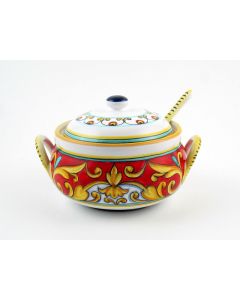Broccato Rosso Italian sugar bowl handmade by Fima in Deruta