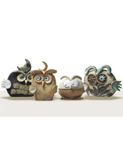 Set of four clay whistle figurines featuring owls created by Maestro Riccardo Biavati in Ferrara, Italy