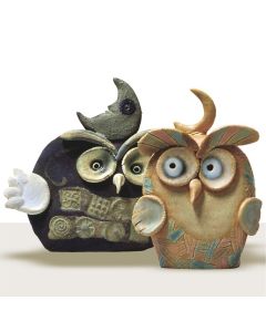 Set of two clay whistle figurines featuring owls created by Maestro Riccardo Biavati in Ferrara, Italy