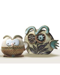 Set of two clay whistle figurines featuring owls created by Maestro Riccardo Biavati in Ferrara, Italy