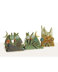Set of three clay whistle figurines featuring owls created by Maestro Riccardo Biavati in Ferrara, Italy
