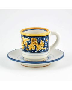 Italian espresso cup and saucer from the Rinascimento Blu e Giallo collection handmade by Ceramiche Rampini in Gubbio, Italy