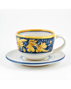Italian tea cup and saucer from the Rinascimento Blu e Giallo collection handmade by Ceramiche Rampini in Gubbio, Italy