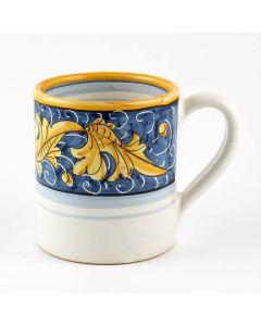 Italian mug from the Rinascimento Blu e Giallo collection handmade by Ceramiche Rampini in Gubbio, Italy