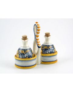 Italian oil and vinegar set from the Rinascimento Blu e Giallo collection handmade by Ceramiche Rampini in Gubbio, Italy